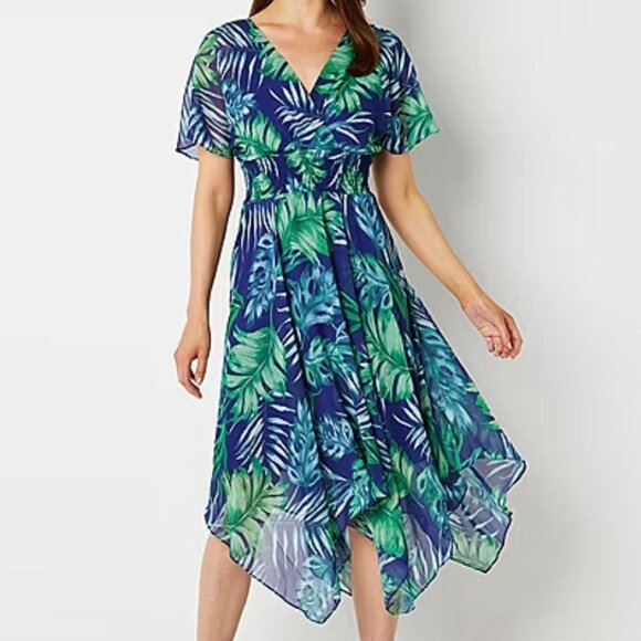 NEW Rabbit Rabbit Rabbit Sz 6P Flutter Sleeves Asymmetrical Dress Tropical Leaf - Picture 3 of 11